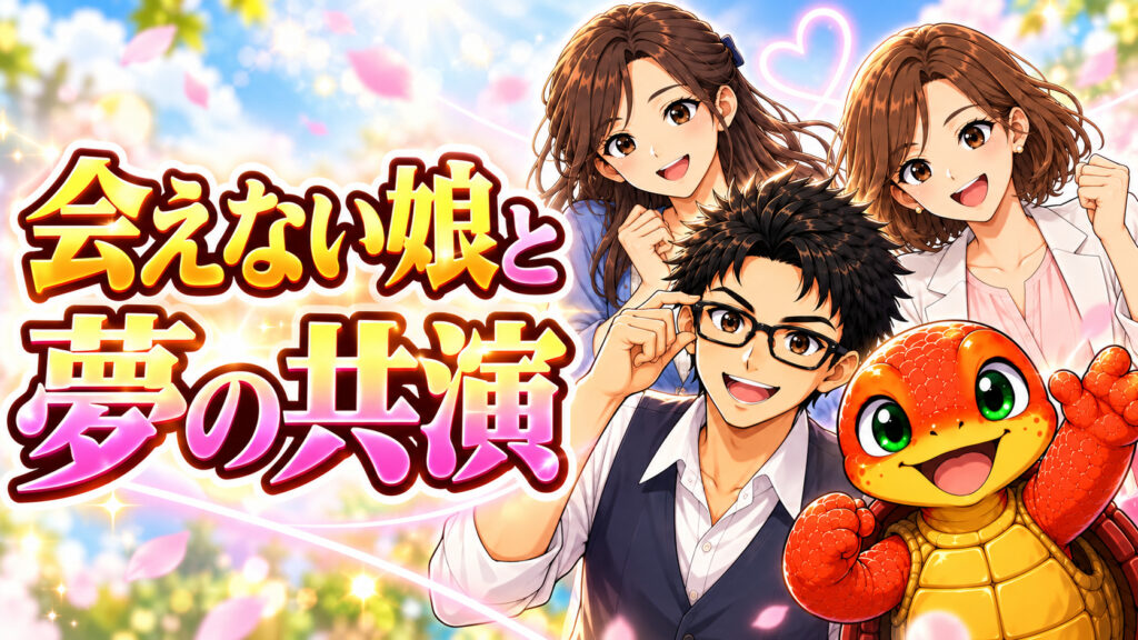 鈴木正行と赤い亀、長女ゆうね、次女さくねの4人が笑顔で並ぶAIキャラクター画像